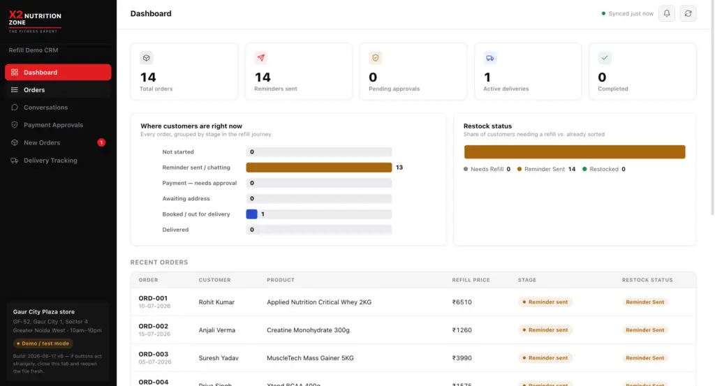Supplement store refill CRM dashboard showing orders reminders and delivery status